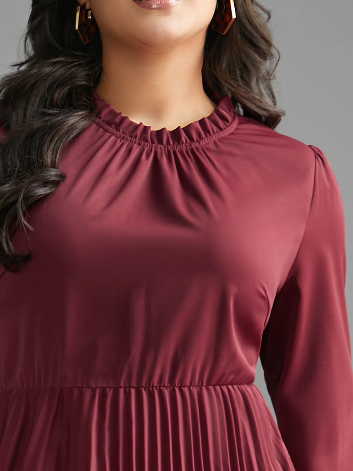 Mock Neck Frill Trim Pleated Dress - Image 5