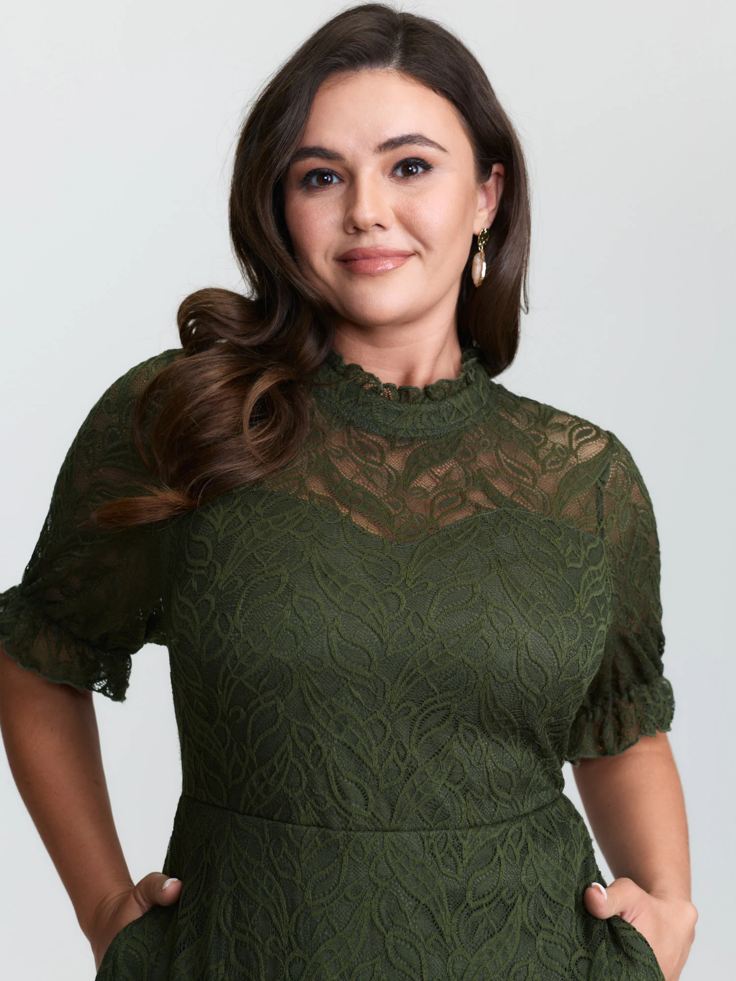 Mock Neck Lace Pockets Midi Dress - Image 2