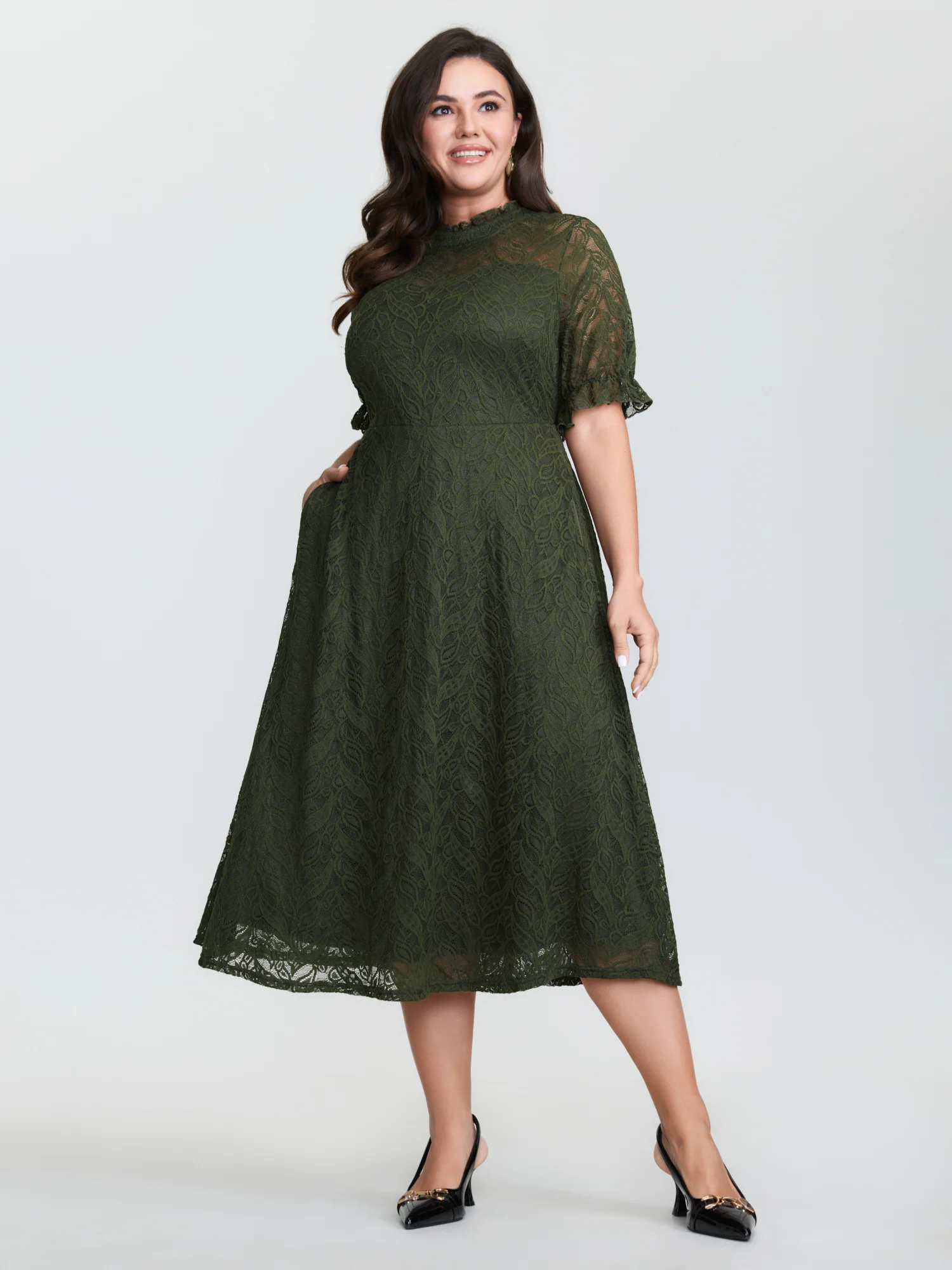 Mock Neck Lace Pockets Midi Dress - Image 3