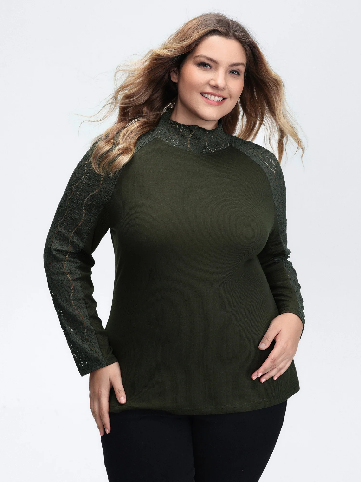Mock Neck Lace Splicing Ribbed Texture T-Shirt - Image 2