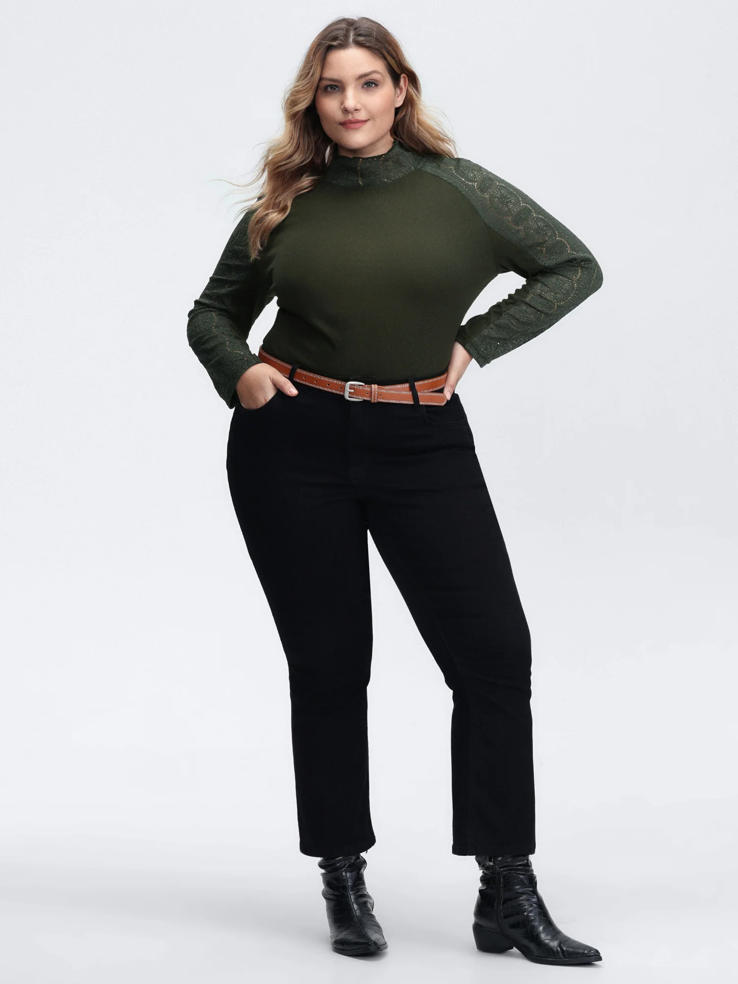 Mock Neck Lace Splicing Ribbed Texture T-Shirt - Image 3