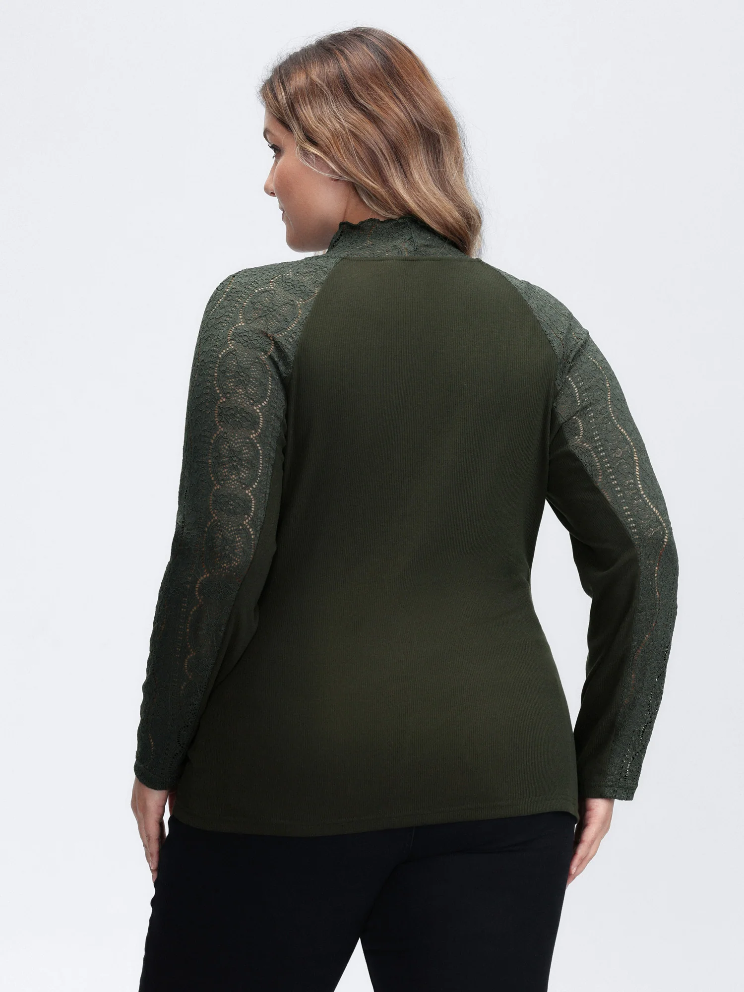 Mock Neck Lace Splicing Ribbed Texture T-Shirt - Image 4