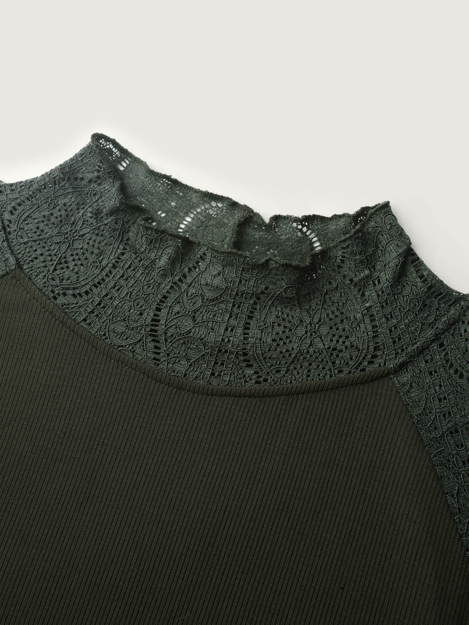 Mock Neck Lace Splicing Ribbed Texture T-Shirt - Image 5