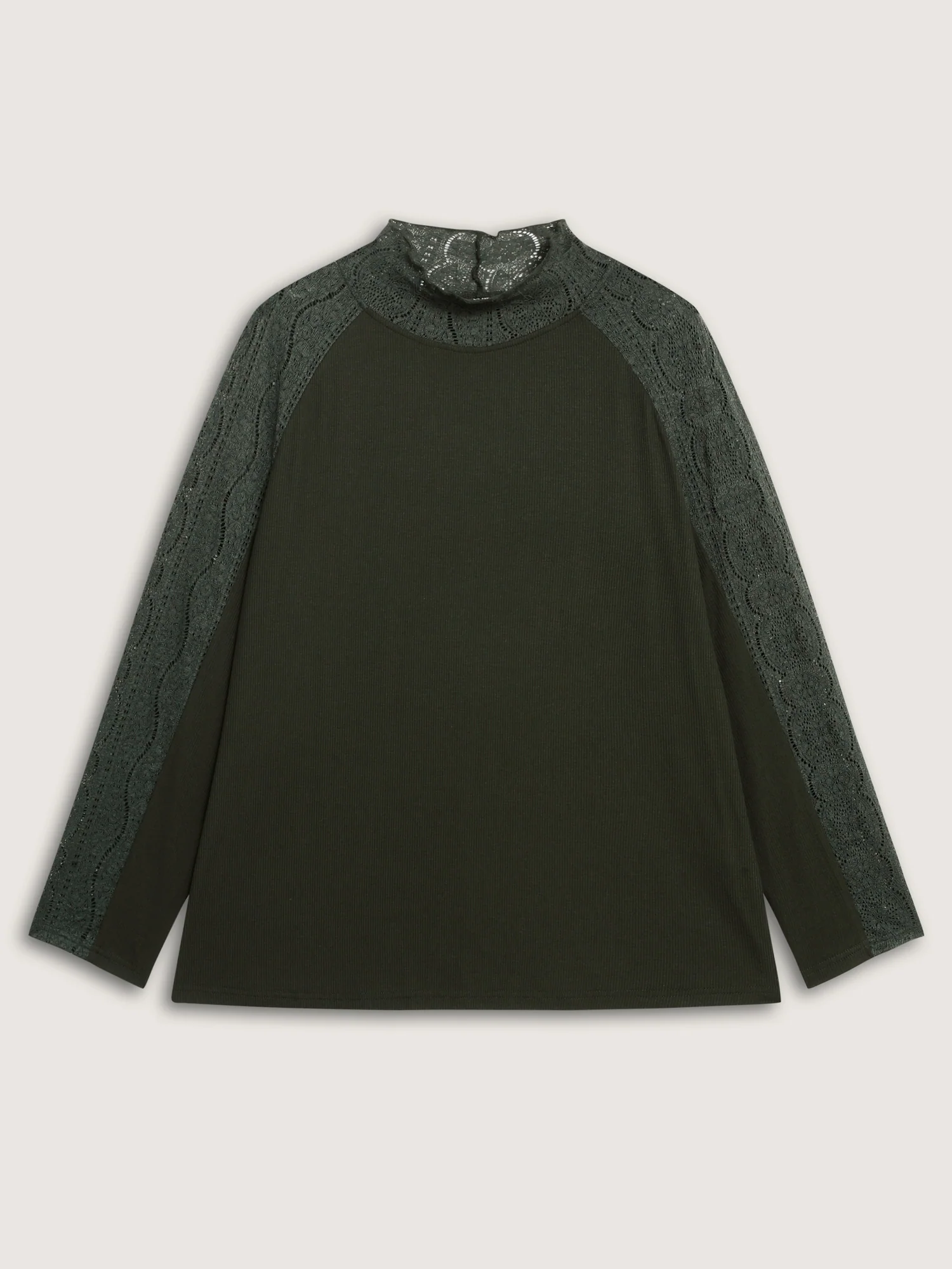 Mock Neck Lace Splicing Ribbed Texture T-Shirt - Image 7