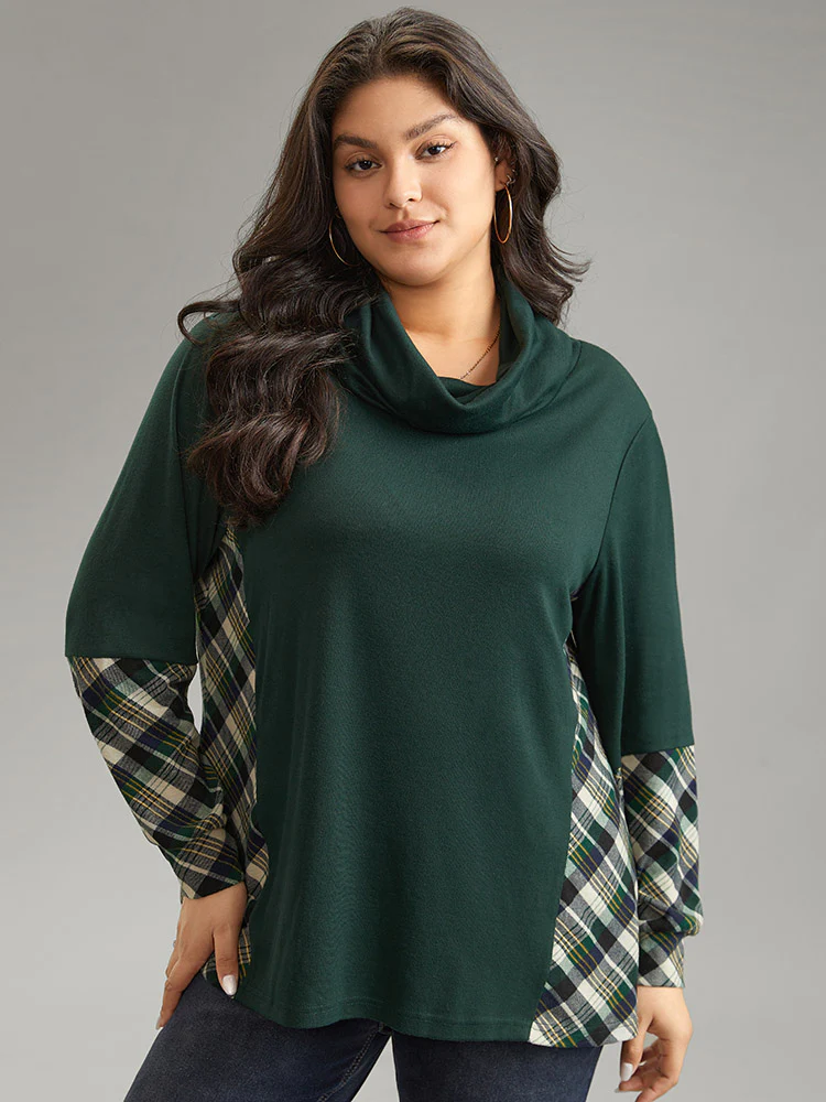 Mock Neck Plaid Patchwork Knit T-shirt