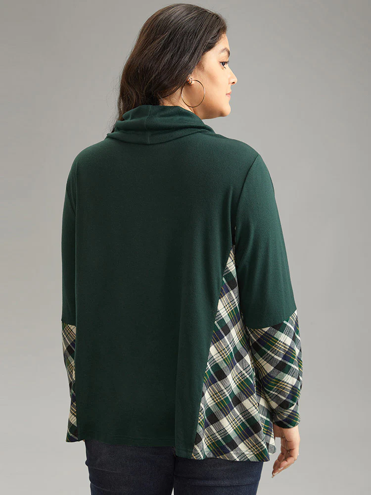 Mock Neck Plaid Patchwork Knit T-shirt - Image 2
