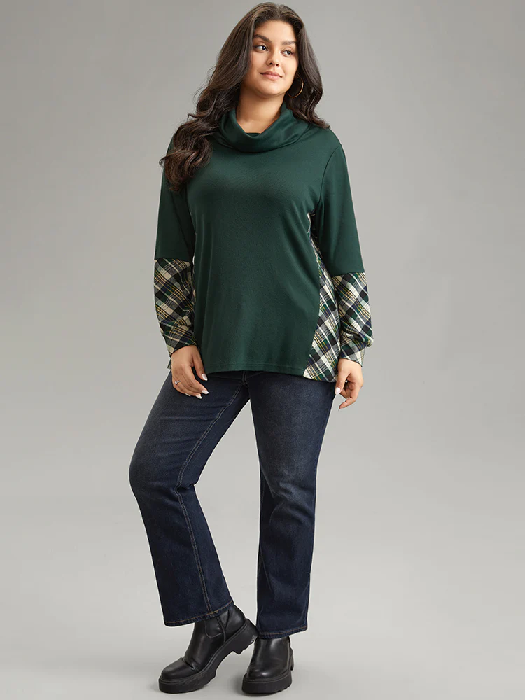 Mock Neck Plaid Patchwork Knit T-shirt - Image 3