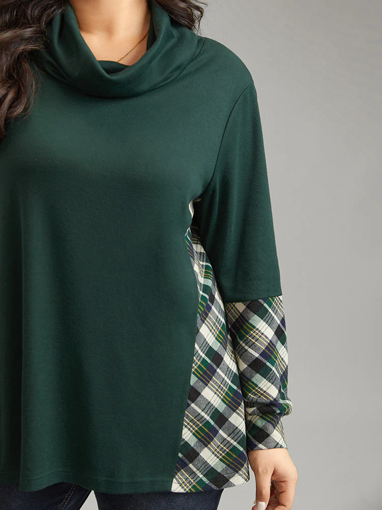 Mock Neck Plaid Patchwork Knit T-shirt - Image 4