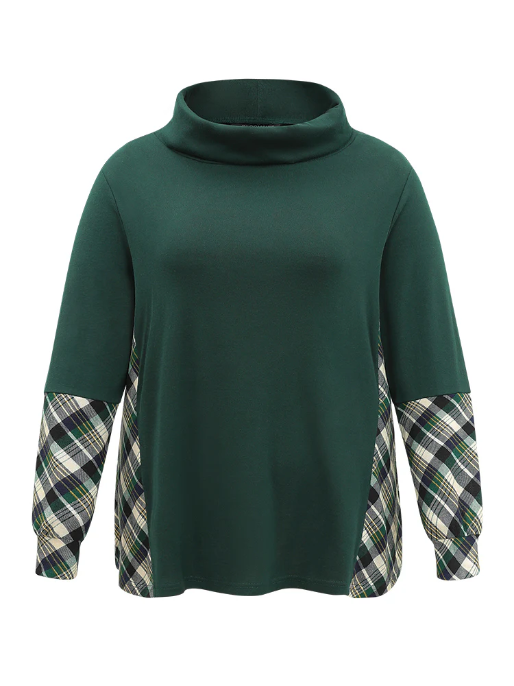 Mock Neck Plaid Patchwork Knit T-shirt - Image 5