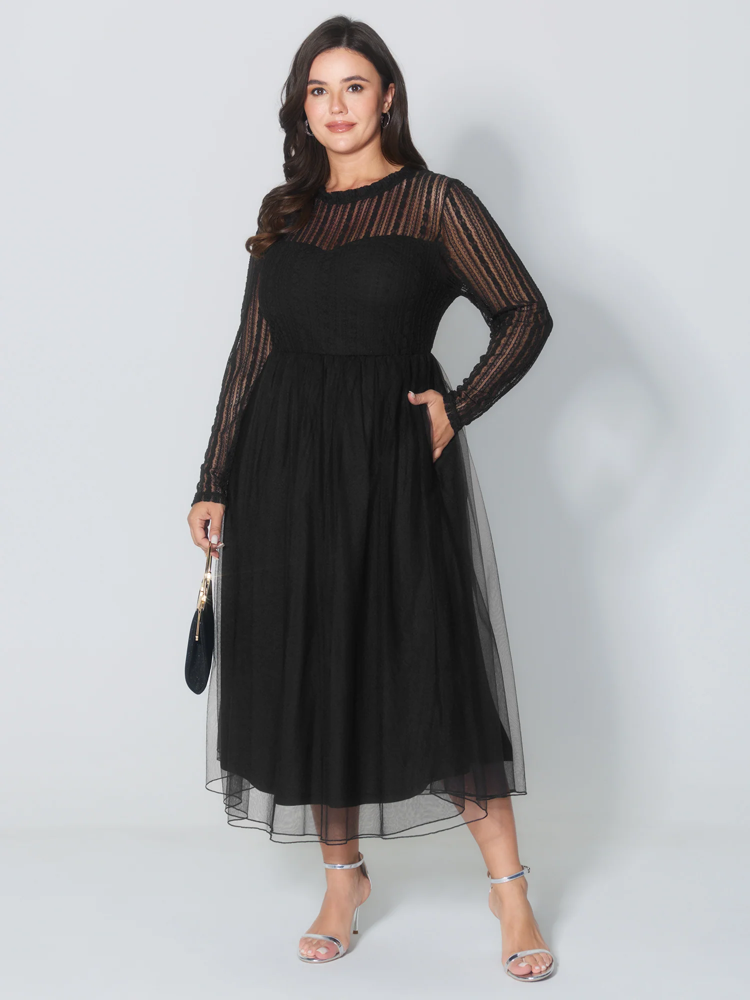Mock Neck Sheer Stretchy Midi Dress - Image 2