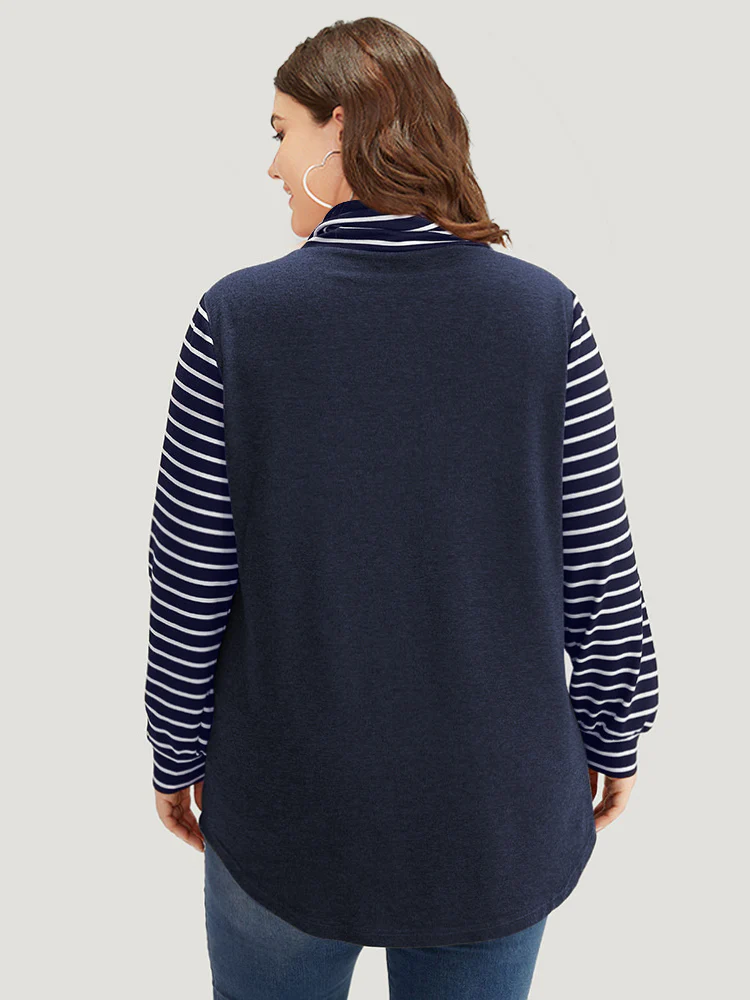 Mock Neck Striped Patchwork Drawstring Sweatshirt - Image 2