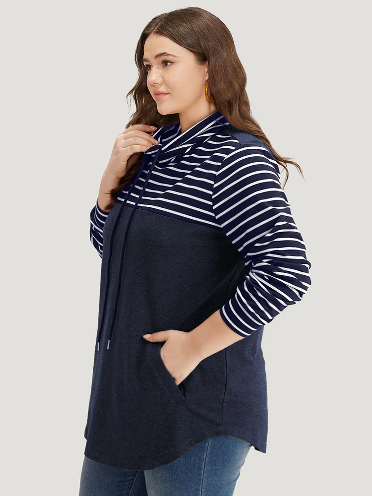 Mock Neck Striped Patchwork Drawstring Sweatshirt - Image 3