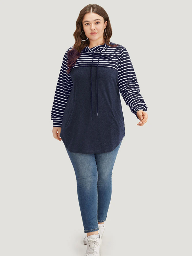Mock Neck Striped Patchwork Drawstring Sweatshirt - Image 4