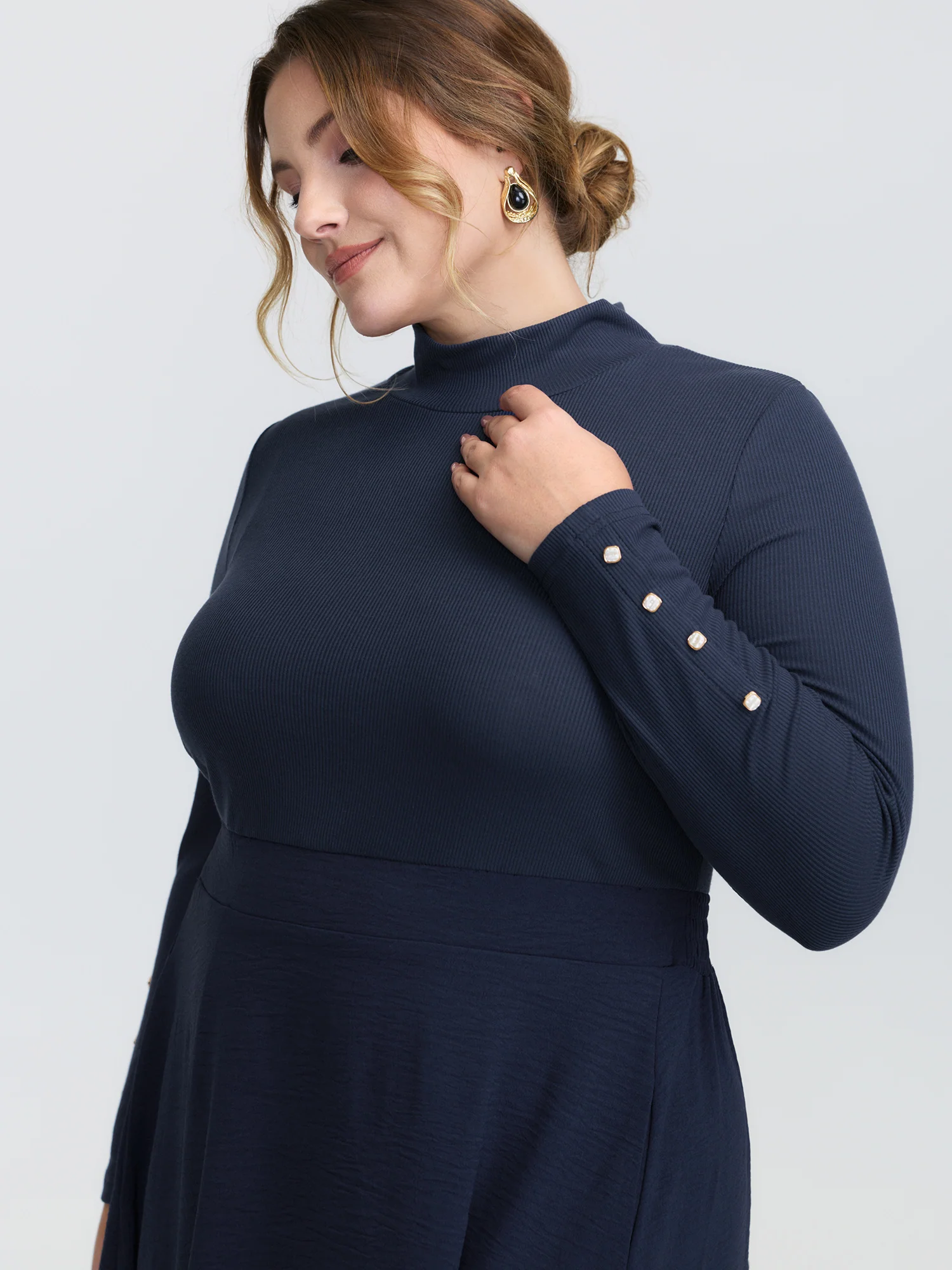 Mock Neck Waist-Defining Button Midi Dress - Image 2