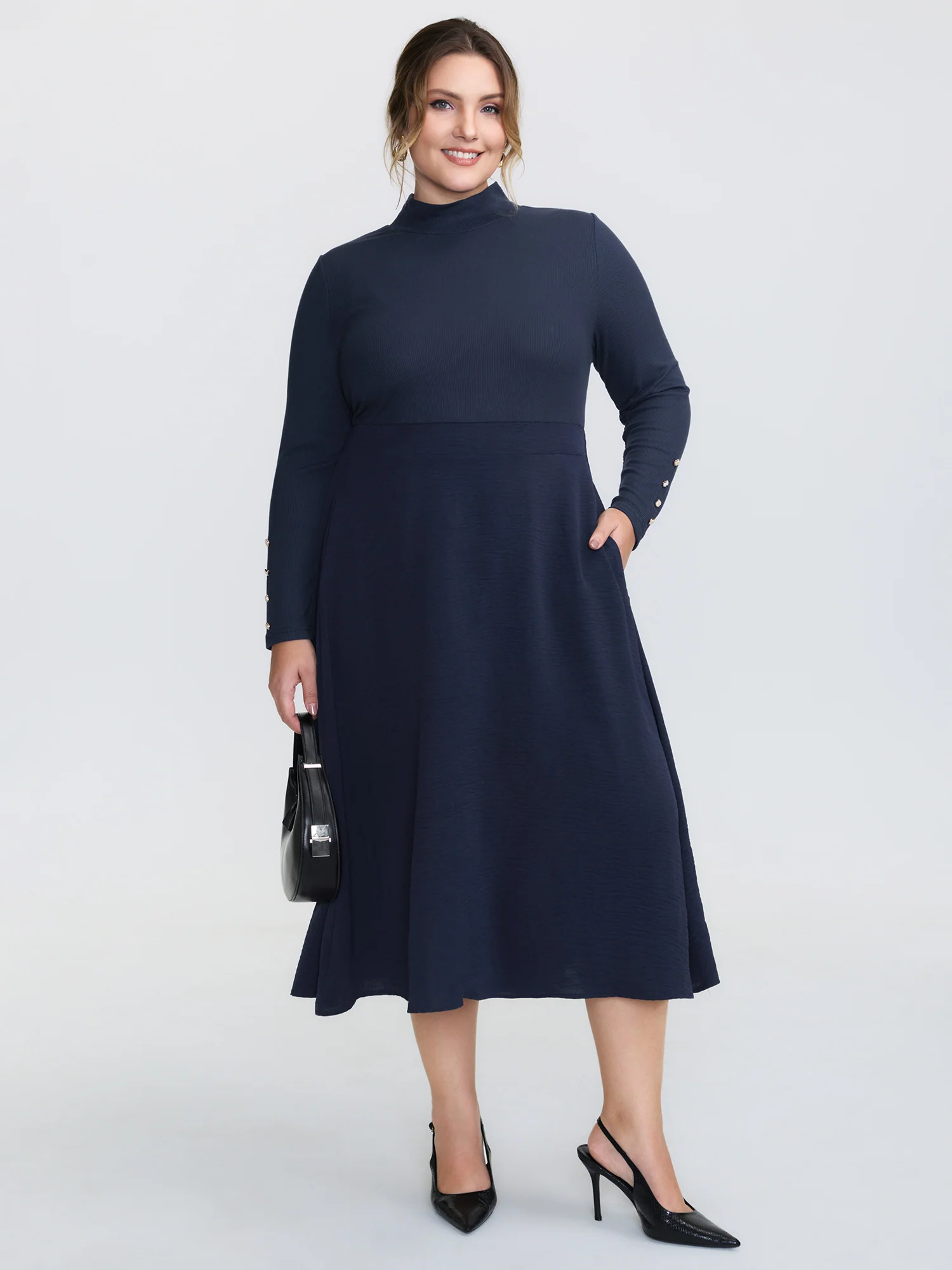 Mock Neck Waist-Defining Button Midi Dress - Image 3