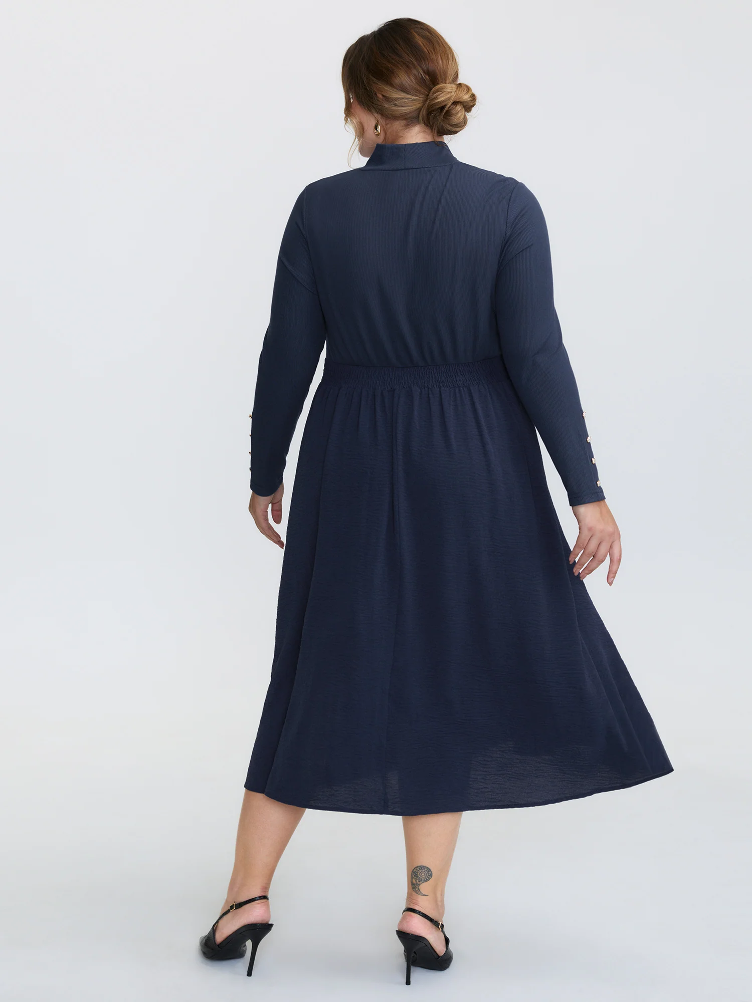 Mock Neck Waist-Defining Button Midi Dress - Image 4