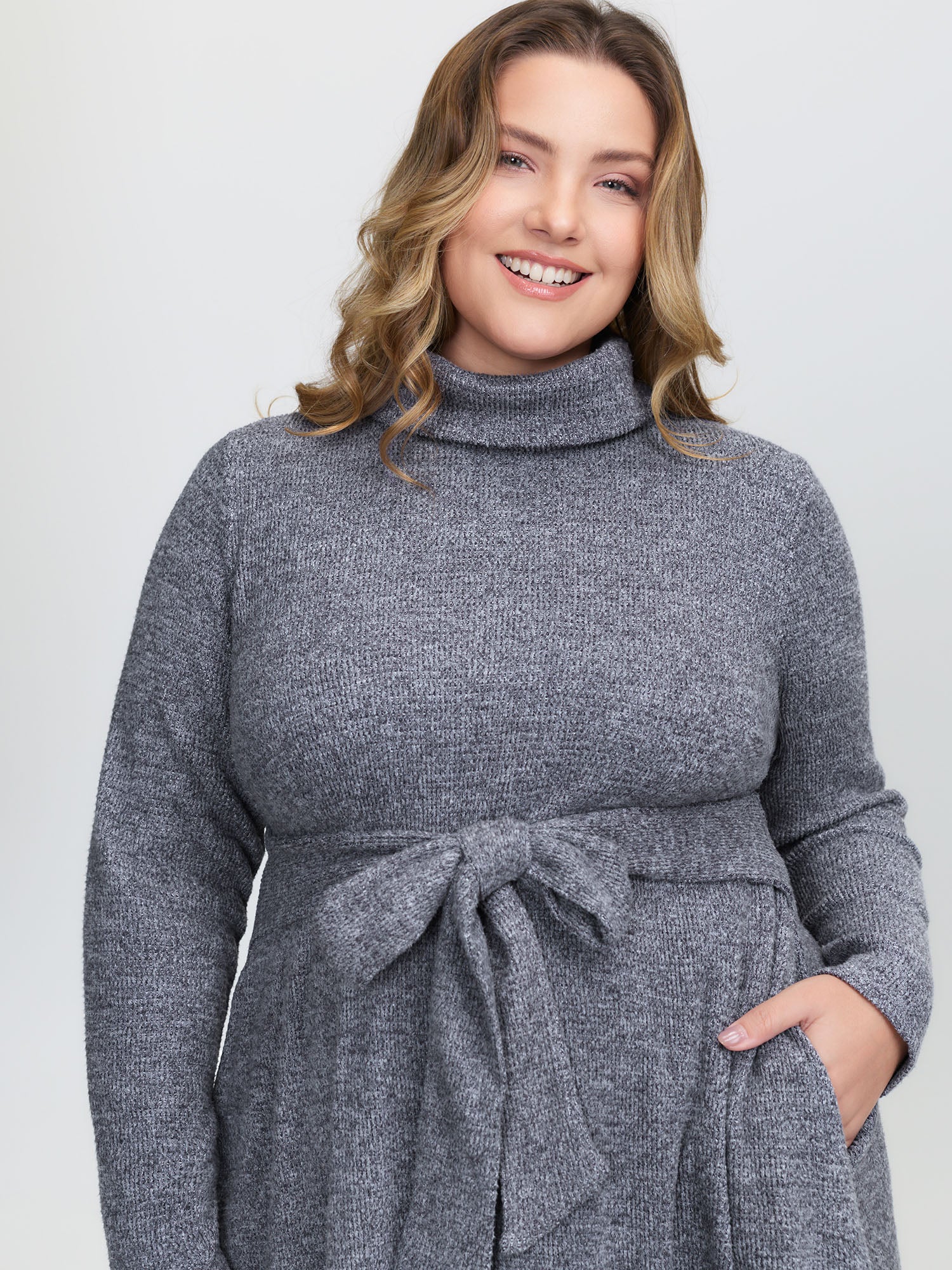 Mock Neck Waist Defining Midi Dress - Image 2