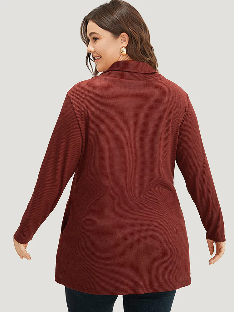 Rib Knit Mock Neck Wrap Pocket Button Detail Sweatshirt - Image 2