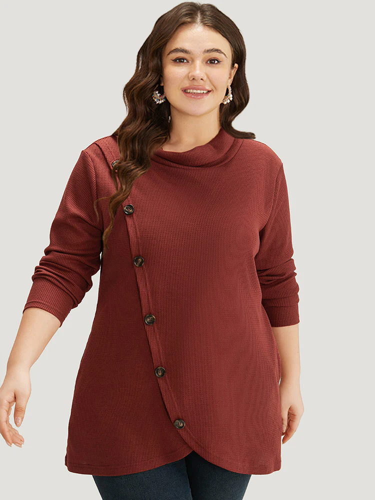 Rib Knit Mock Neck Wrap Pocket Button Detail Sweatshirt - Image 3