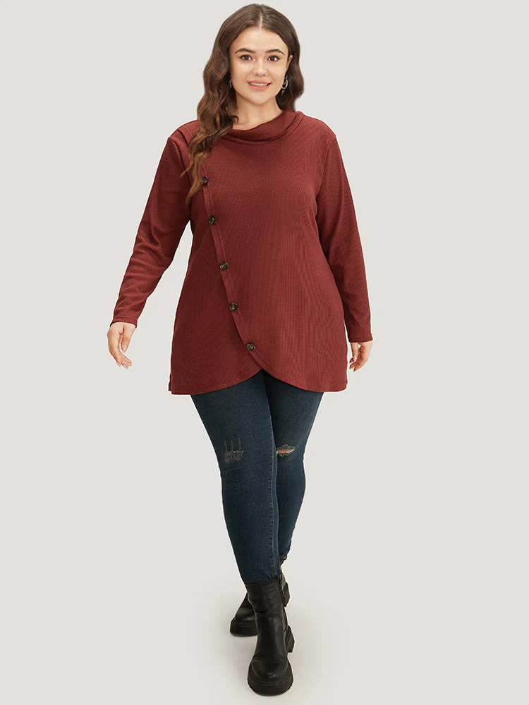 Rib Knit Mock Neck Wrap Pocket Button Detail Sweatshirt - Image 4