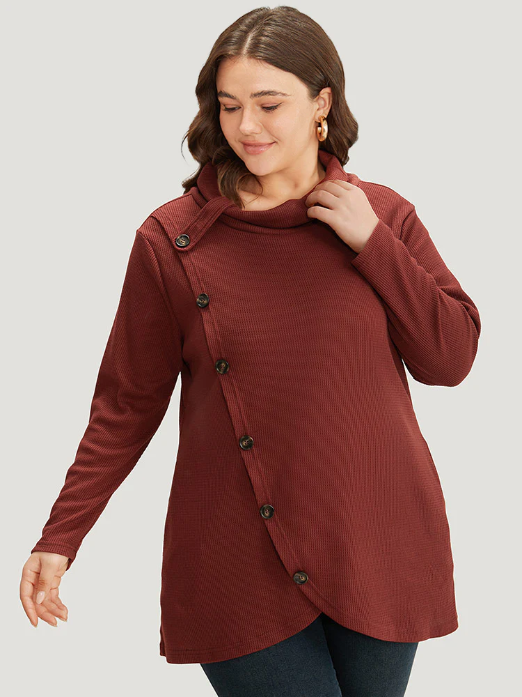 Rib Knit Mock Neck Wrap Pocket Button Detail Sweatshirt - Image 5