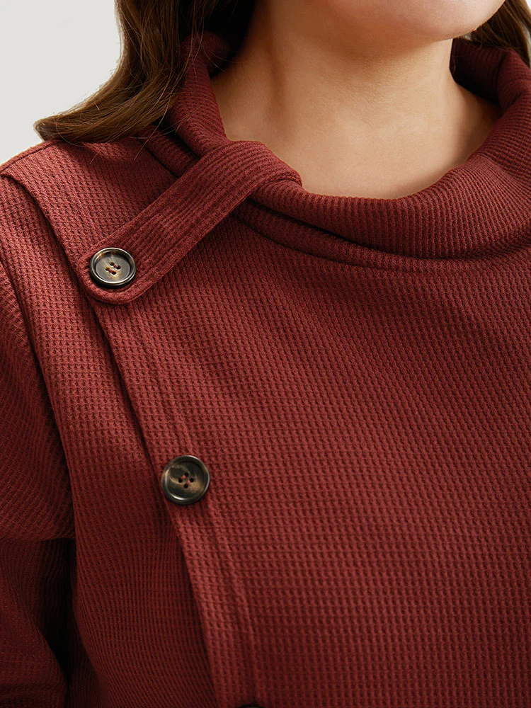 Rib Knit Mock Neck Wrap Pocket Button Detail Sweatshirt - Image 6