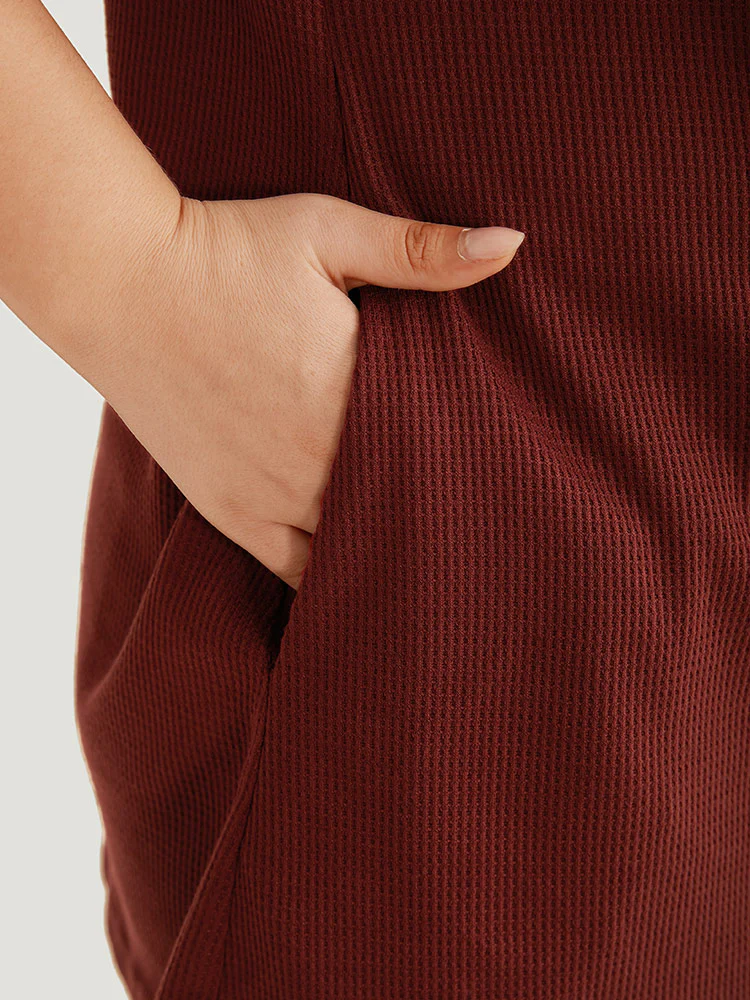 Rib Knit Mock Neck Wrap Pocket Button Detail Sweatshirt - Image 7