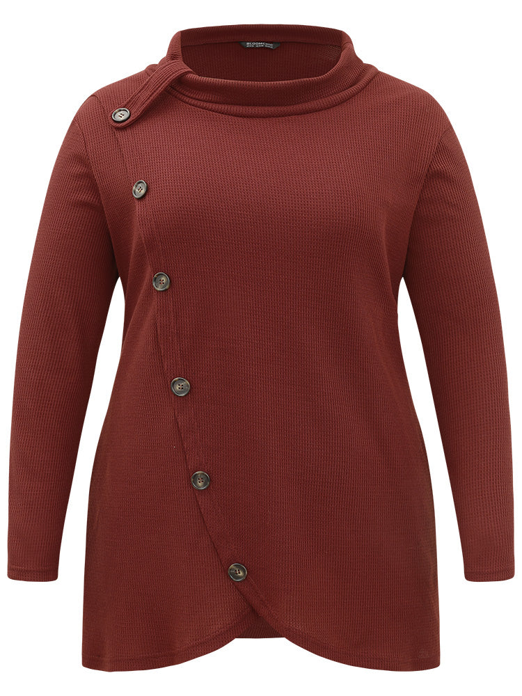 Rib Knit Mock Neck Wrap Pocket Button Detail Sweatshirt - Image 8