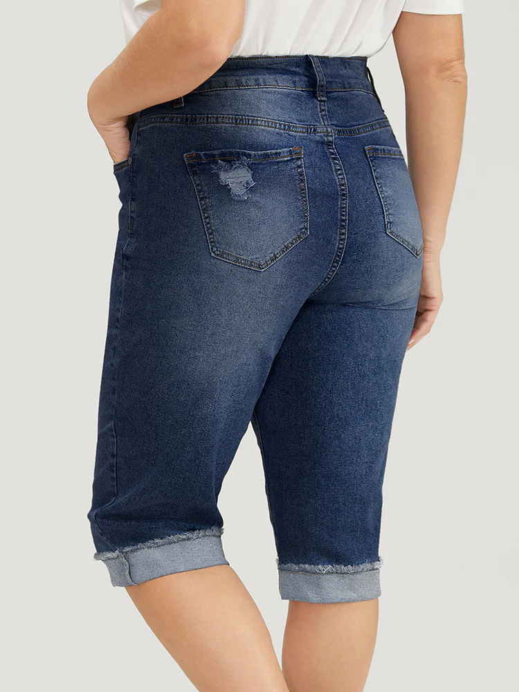 Moderately Stretchy Roll Hem Ripped Knee Denim Shorts - Image 2