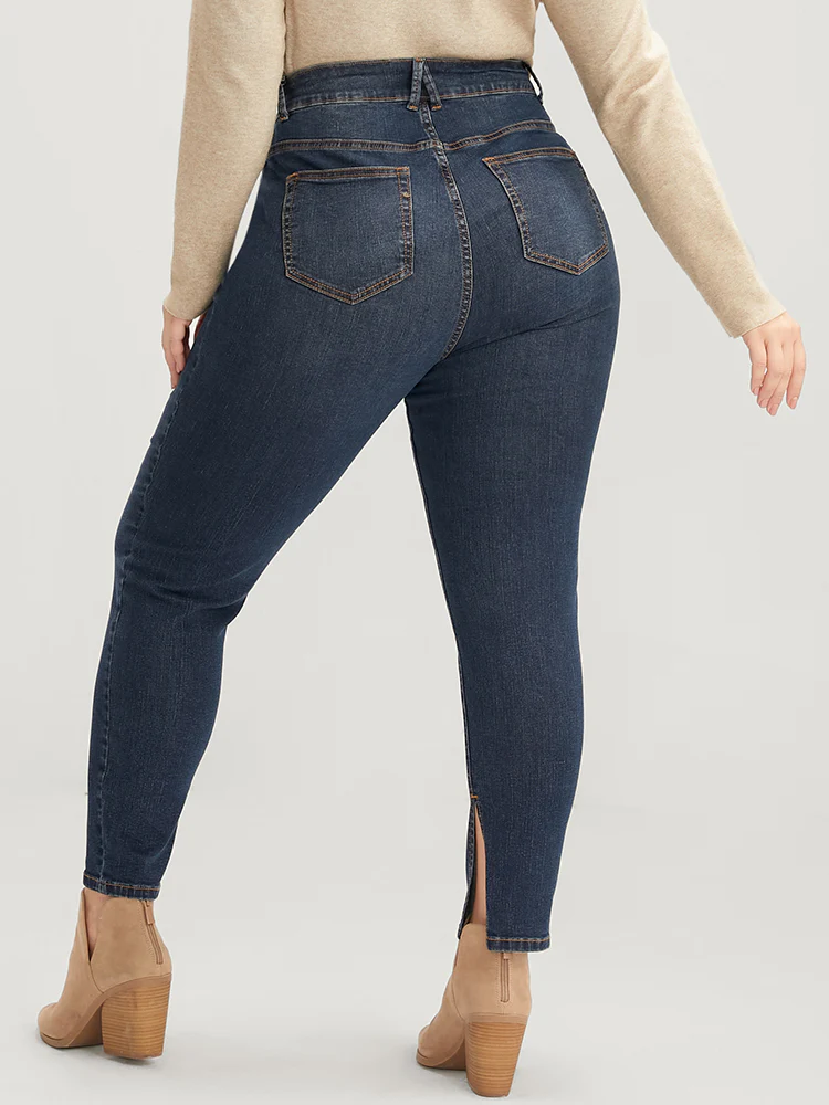 Mom Jeans Skinny Moderately Stretchy High Rise Medium Wash Split Jeans - Image 2