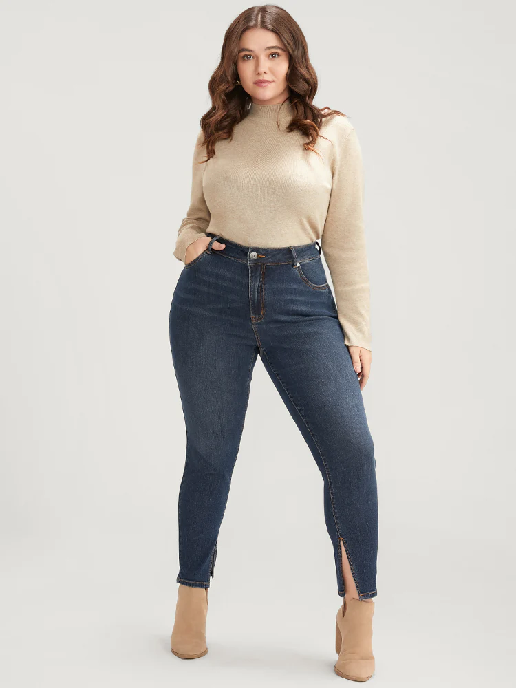 Mom Jeans Skinny Moderately Stretchy High Rise Medium Wash Split Jeans - Image 3