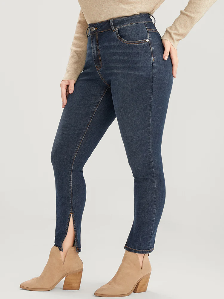 Mom Jeans Skinny Moderately Stretchy High Rise Medium Wash Split Jeans - Image 4