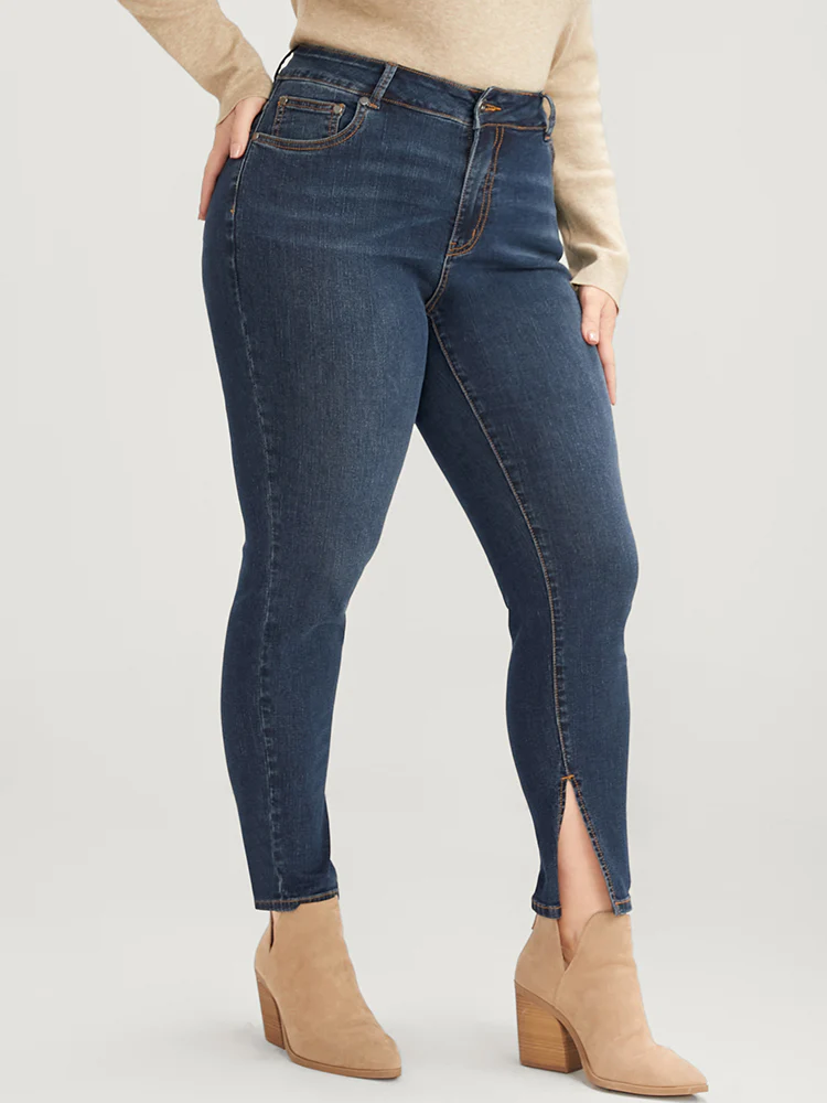 Mom Jeans Skinny Moderately Stretchy High Rise Medium Wash Split Jeans - Image 5