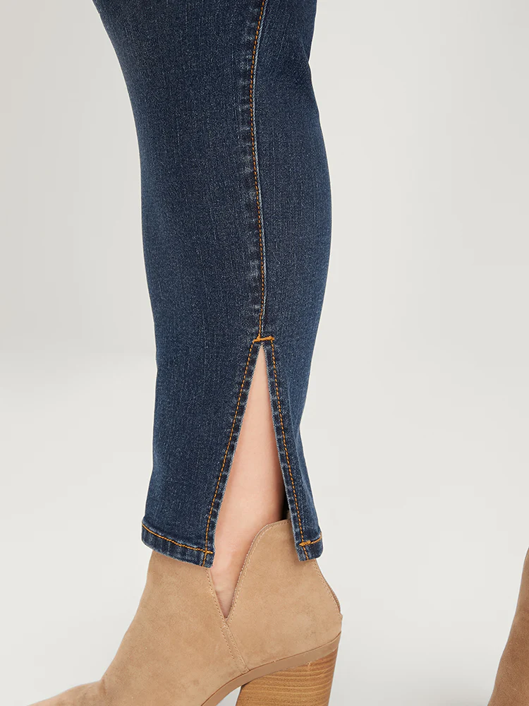 Mom Jeans Skinny Moderately Stretchy High Rise Medium Wash Split Jeans - Image 6