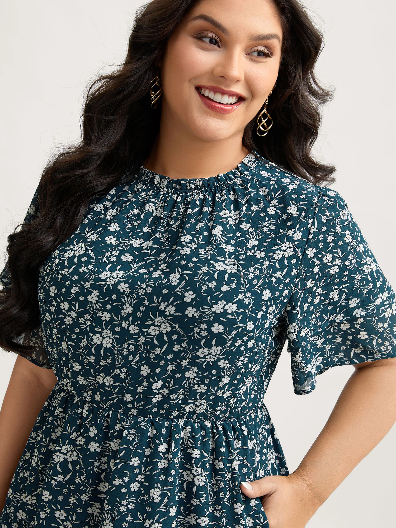 Monochromatic Floral Stretchy Waist Mini Dress - Image 2