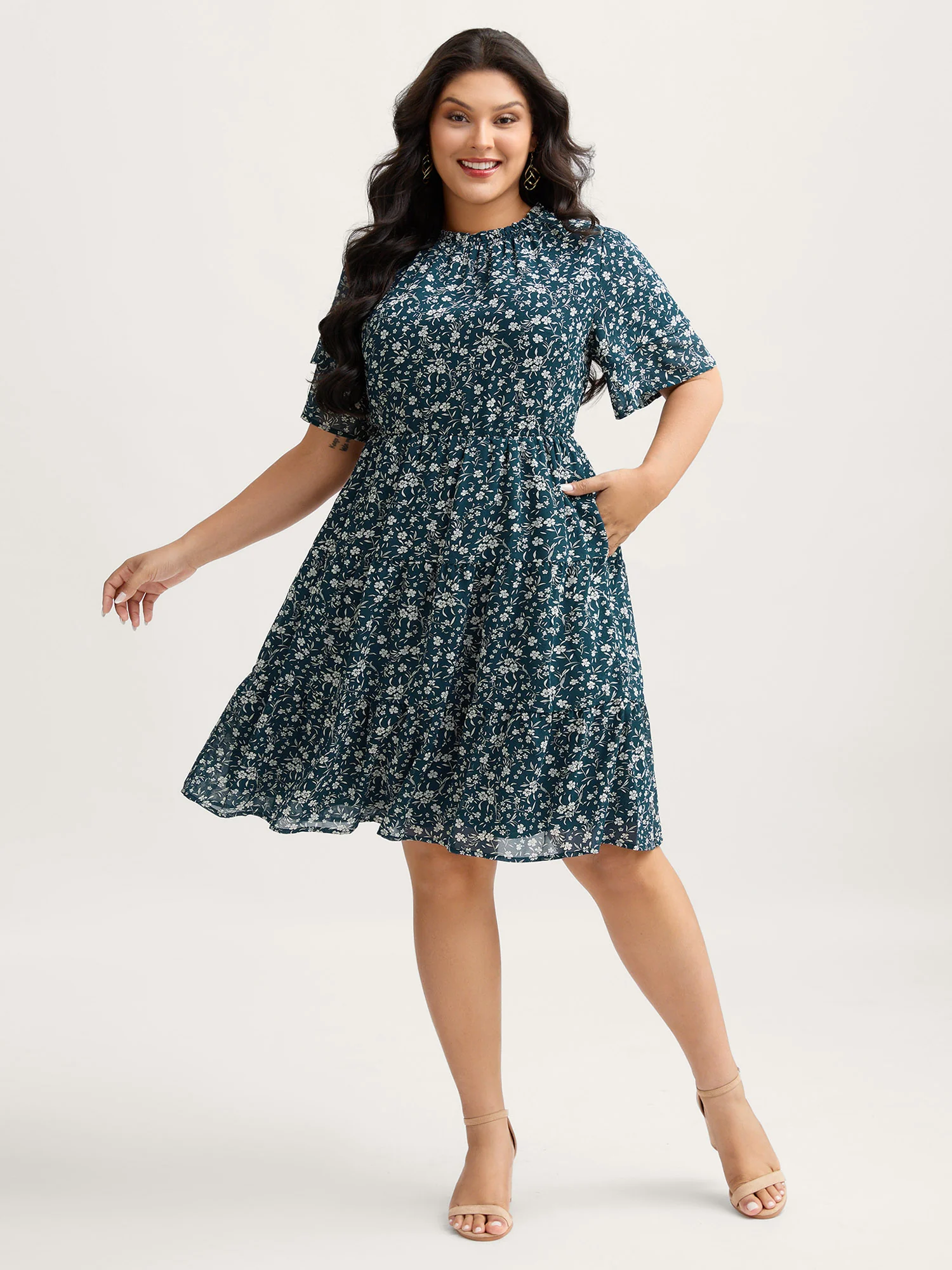 Monochromatic Floral Stretchy Waist Mini Dress - Image 3
