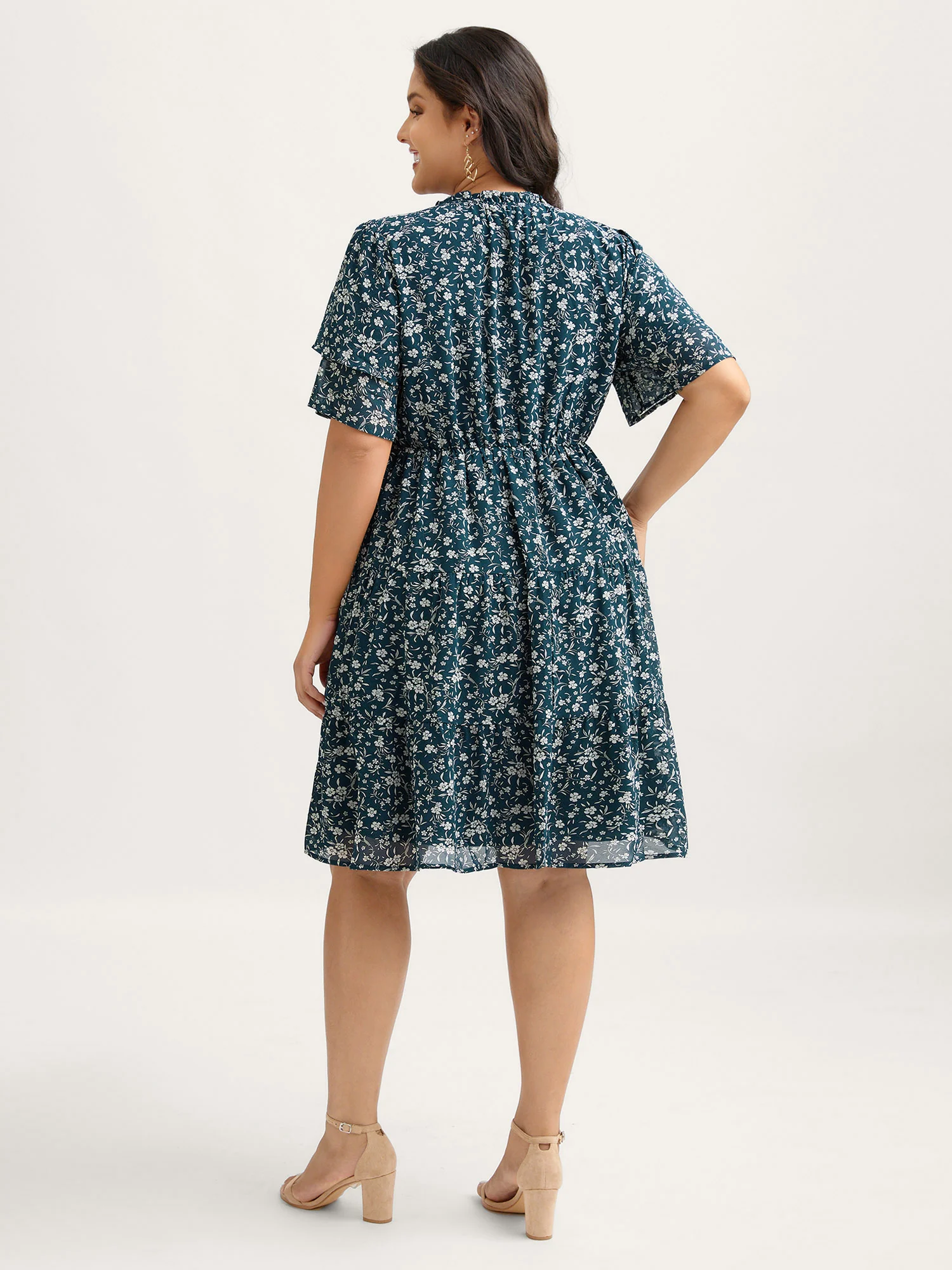 Monochromatic Floral Stretchy Waist Mini Dress - Image 4