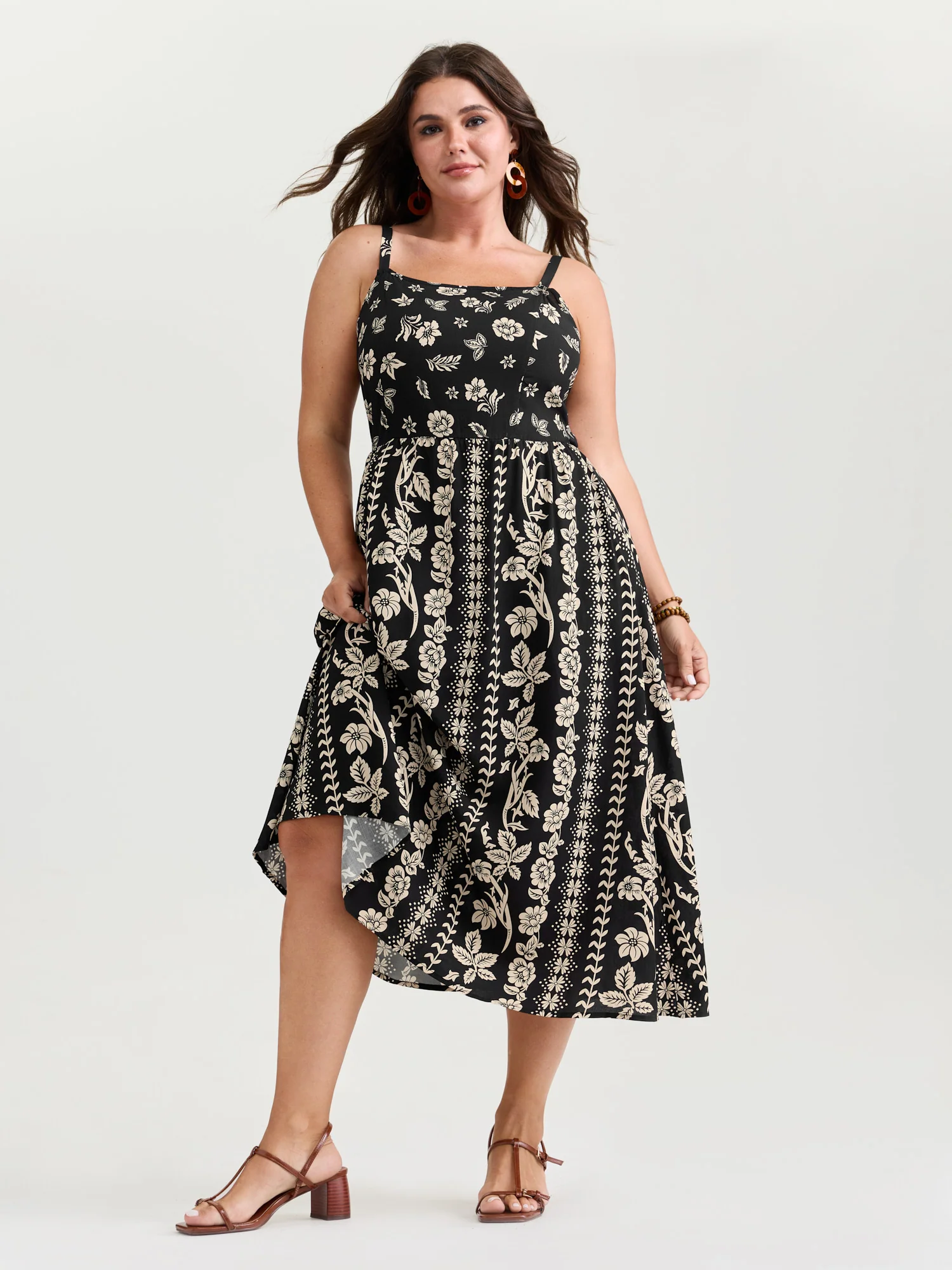 Monochrome Boho Print Pockets Midi Dress - Image 3