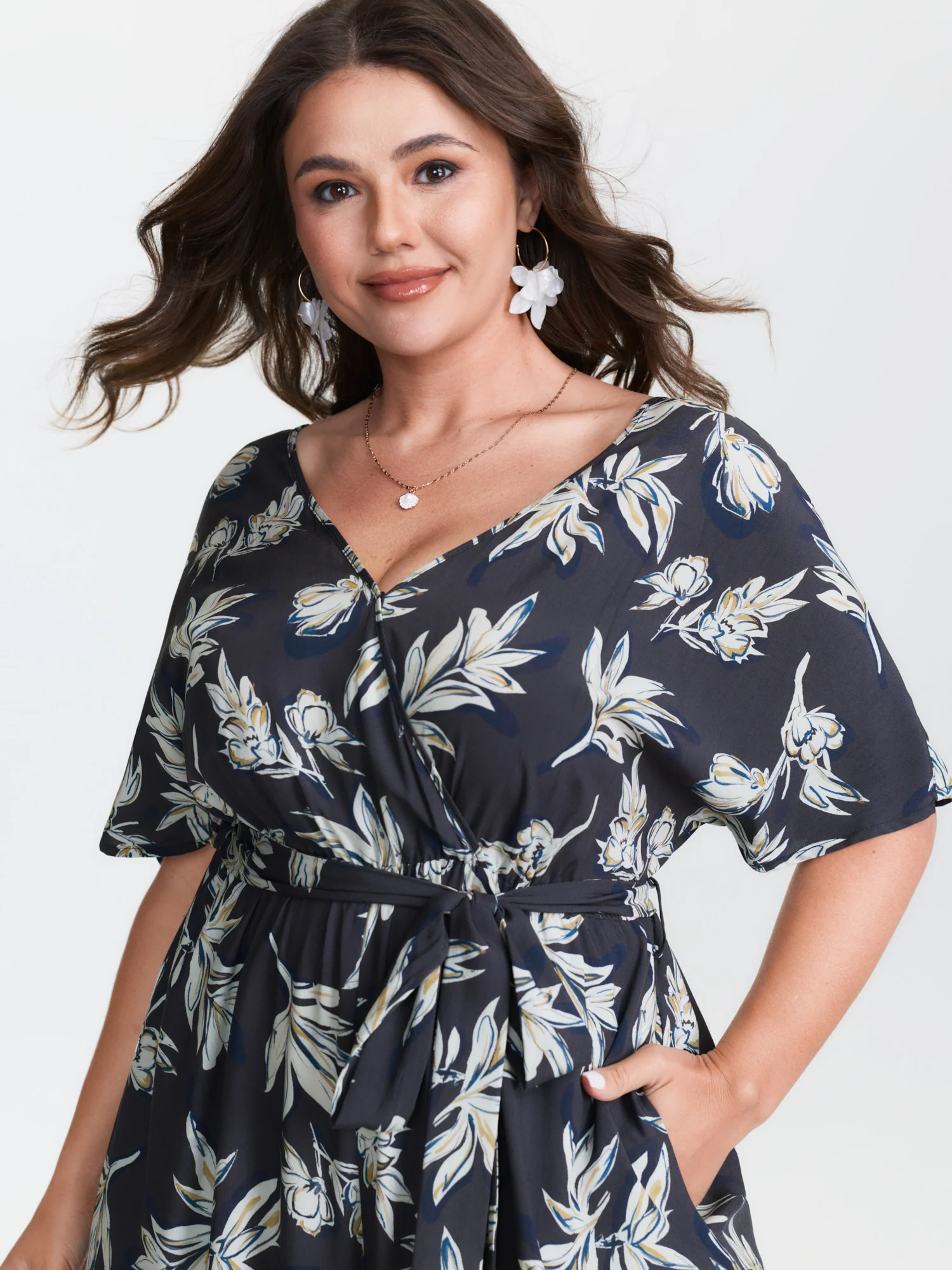 Monochrome Floral Belted Surplice Jumpsuit - Image 2