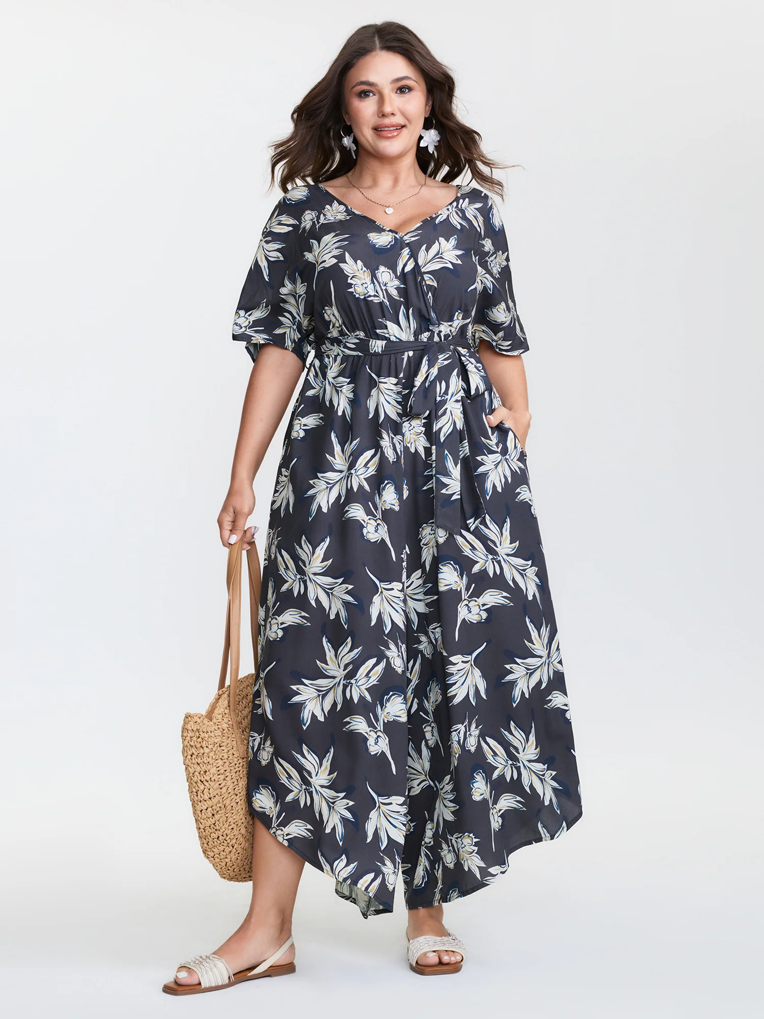Monochrome Floral Belted Surplice Jumpsuit - Image 3