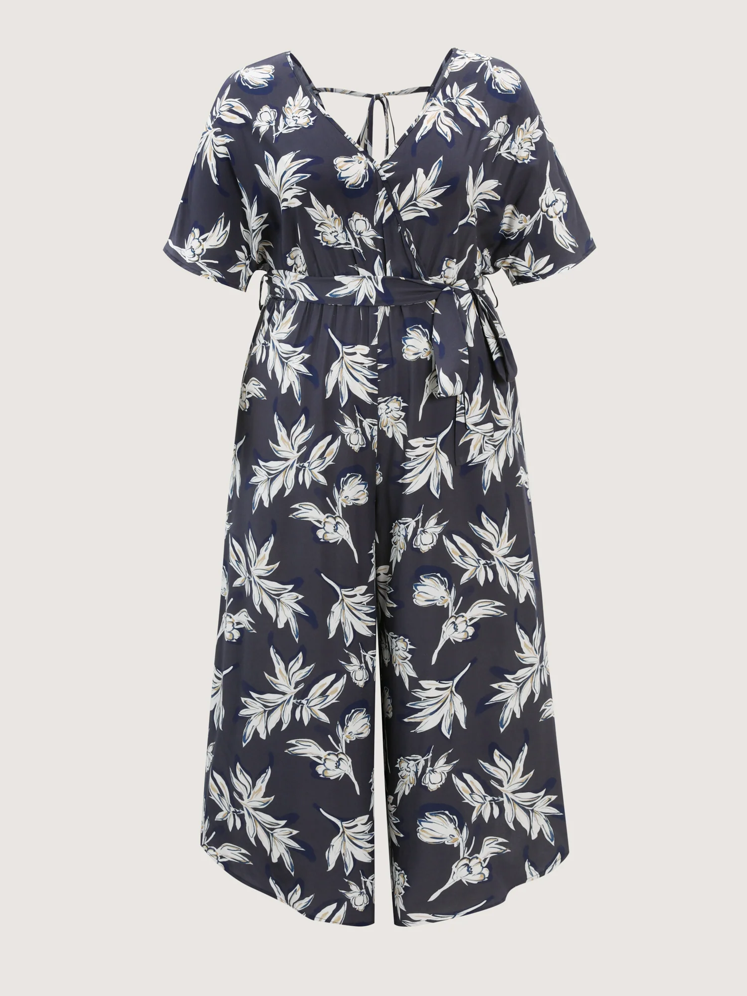 Monochrome Floral Belted Surplice Jumpsuit - Image 7