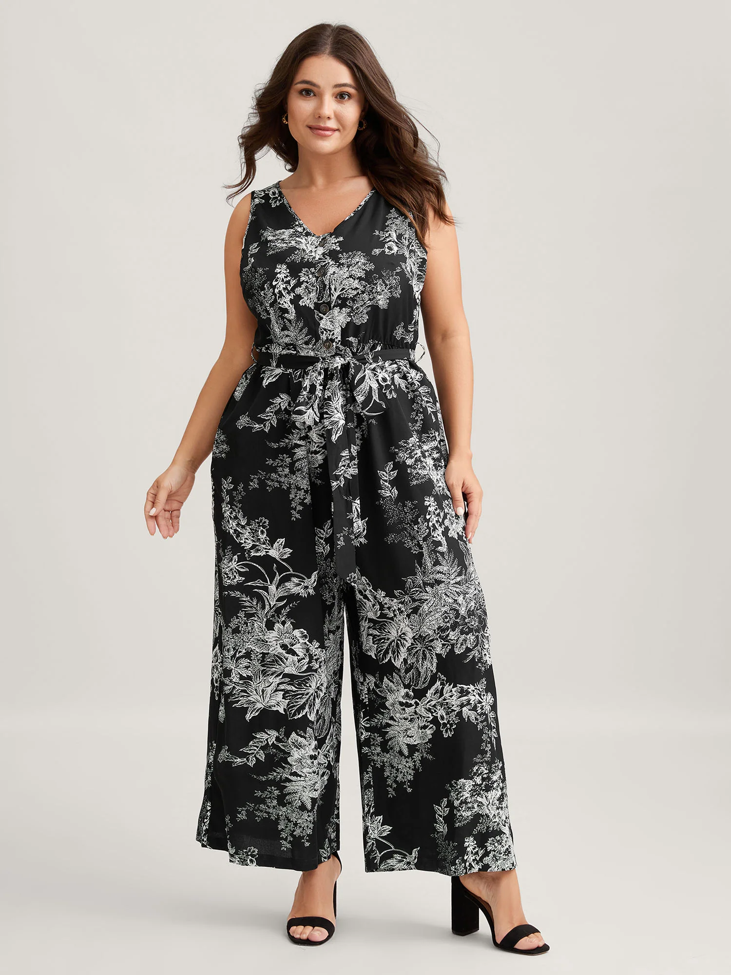 Monochrome Floral Buttons Pockets Jumpsuit - Image 3