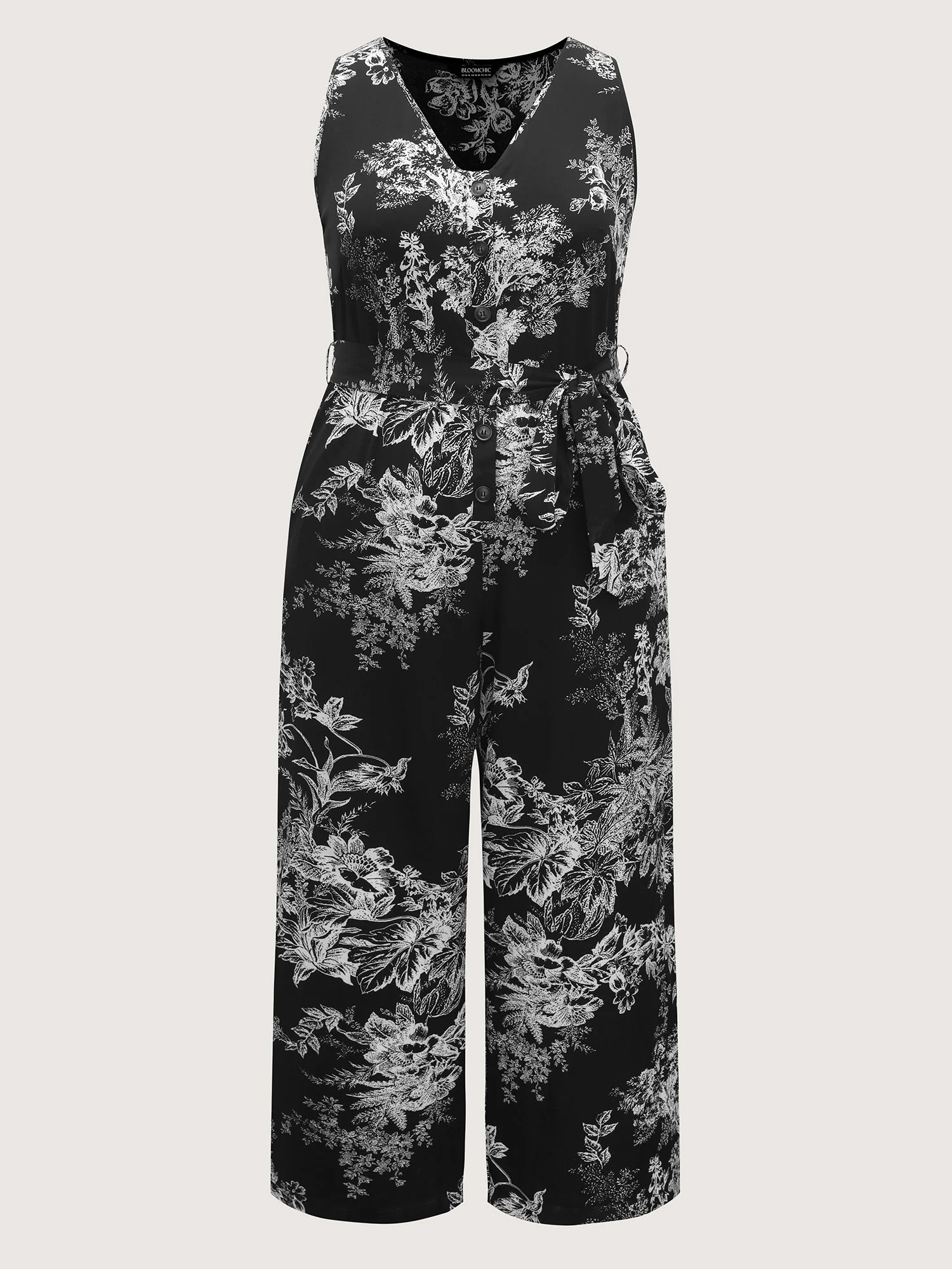 Monochrome Floral Buttons Pockets Jumpsuit - Image 7