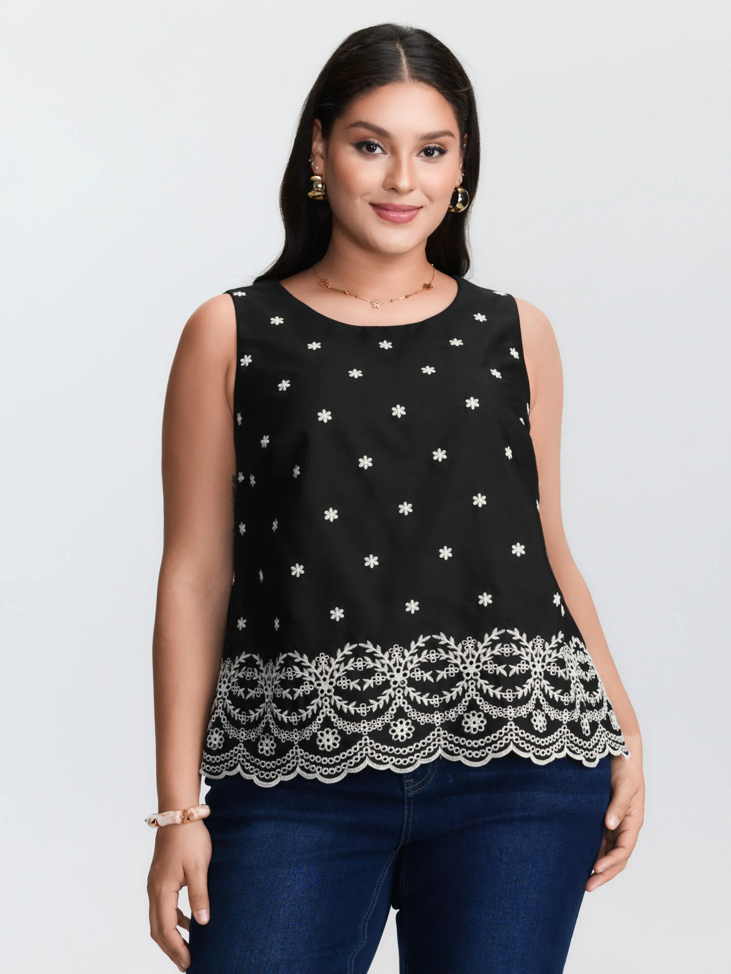 Cotton Monochrome Floral Embroidered Tank Top