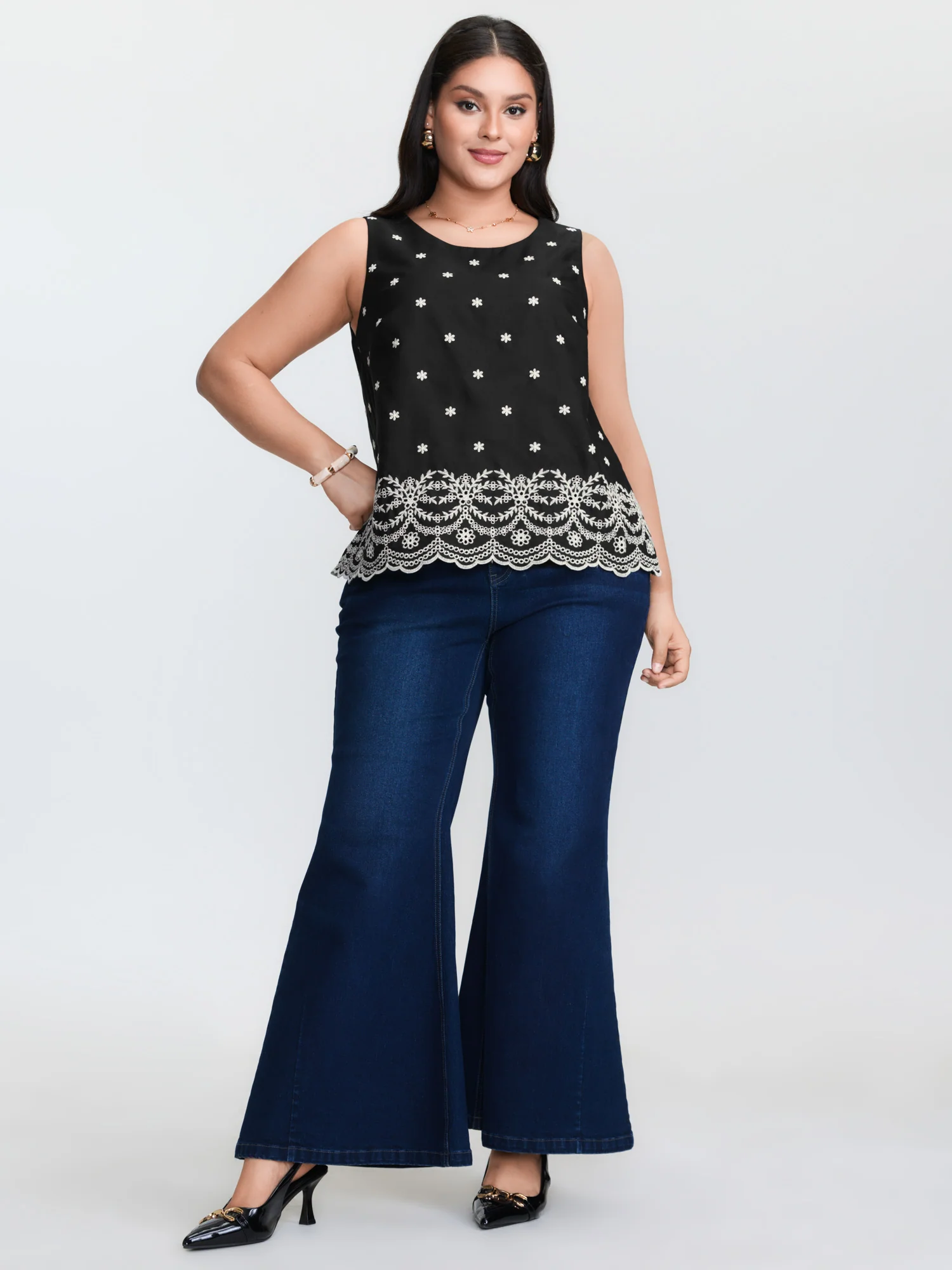 Cotton Monochrome Floral Embroidered Tank Top - Image 3