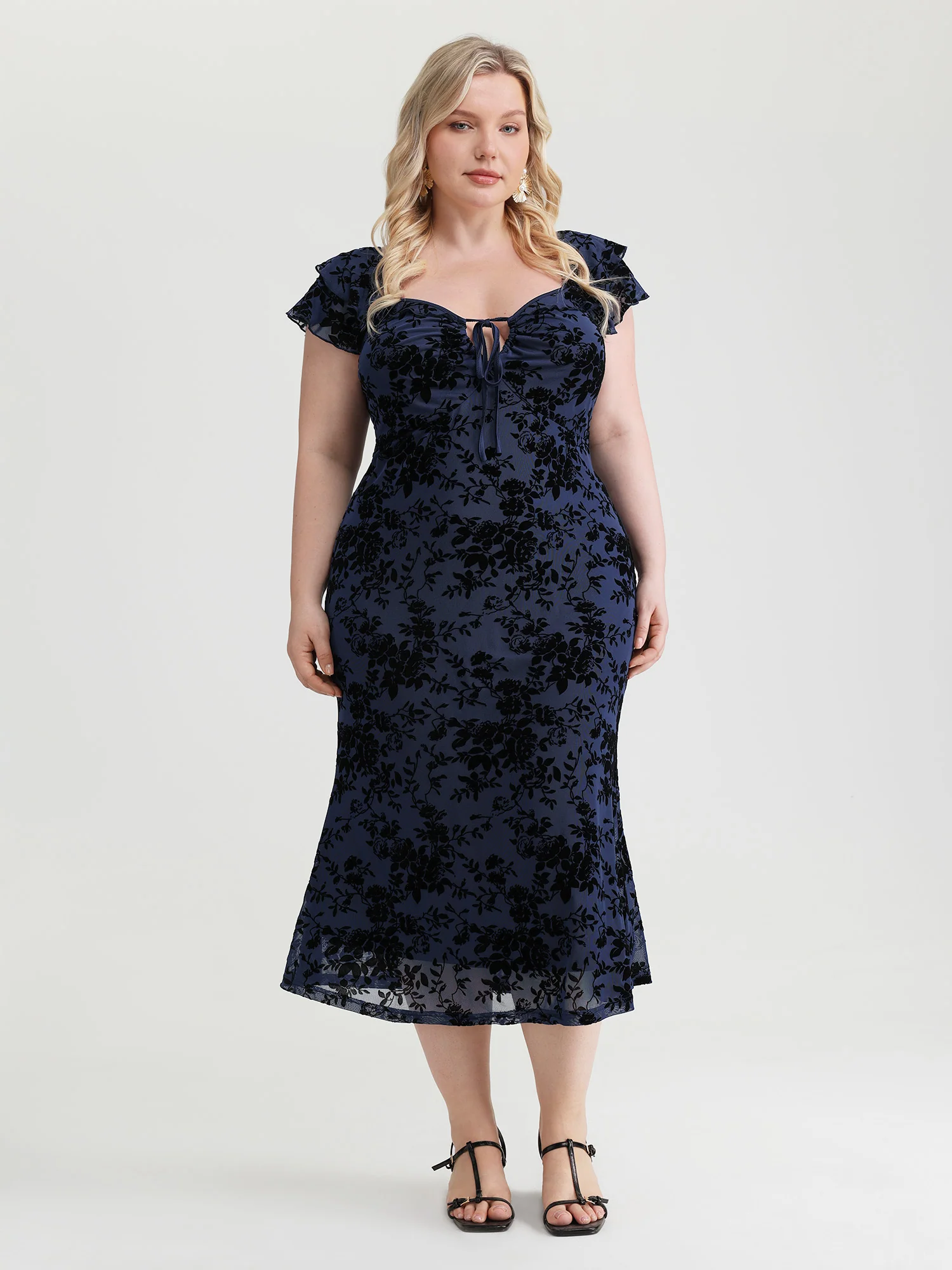 Floral Flocked Mesh Ruched Drawstring Midi Dress - Image 10