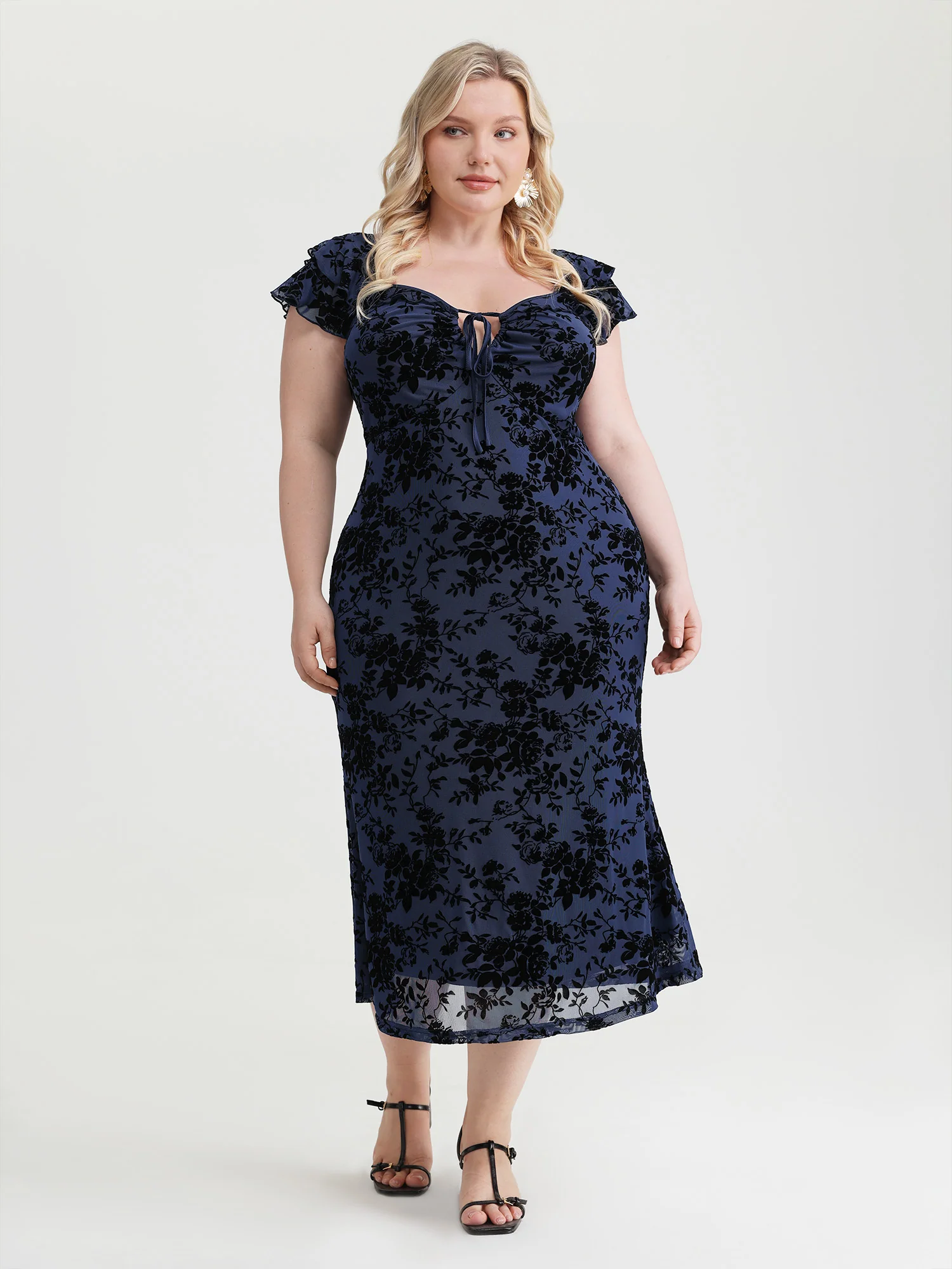 Floral Flocked Mesh Ruched Drawstring Midi Dress - Image 11