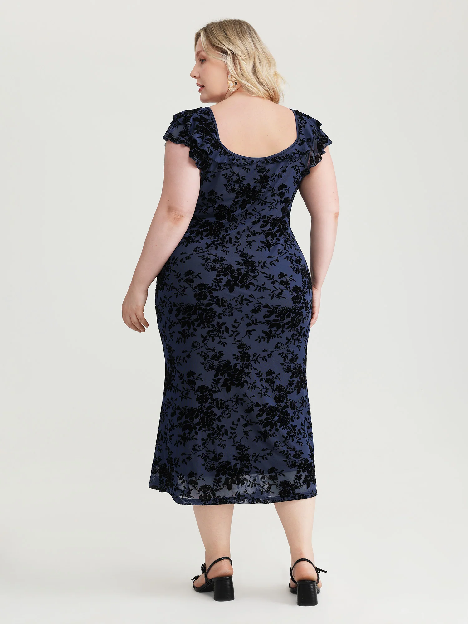 Floral Flocked Mesh Ruched Drawstring Midi Dress - Image 12