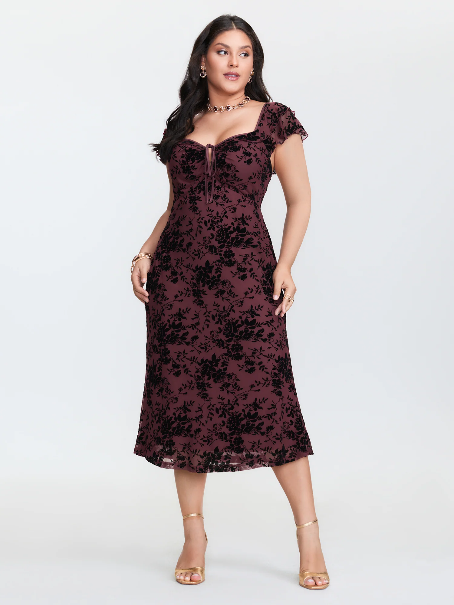 Floral Flocked Mesh Ruched Drawstring Midi Dress - Image 3