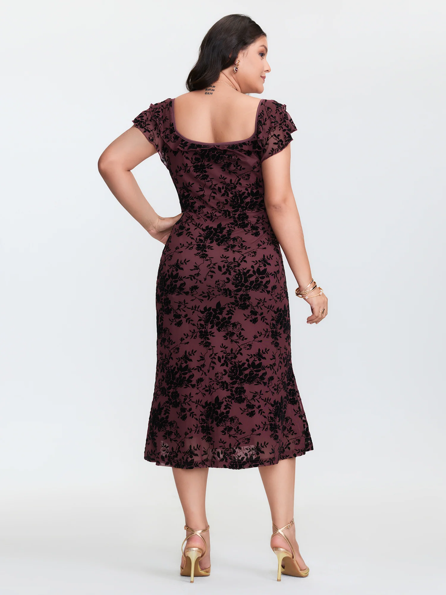 Floral Flocked Mesh Ruched Drawstring Midi Dress - Image 4